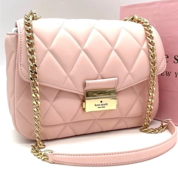 Kate Spade Carey Small Quilted Flap Shoulder Crossbody Bag Light Pink/ Gold - Picture 2 of 10